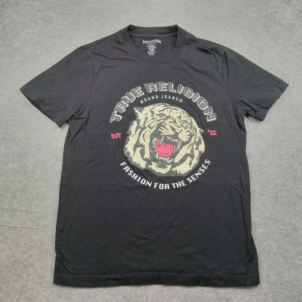 True Religion Shirt Mens Medium Black Tiger Graphic Tagless Cotton Fashion‎ Tee